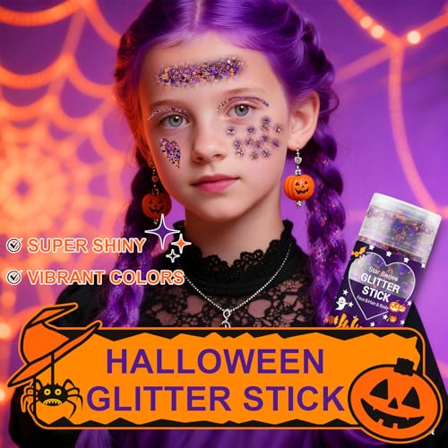 Halloween Body Glitter Stick, Black Purple and Orange Face Glitter Accessories for Rumi Costume and Rumi Cosplay Makeup, Waterproof Face and Hair Glitter Makeup for Kids and Women