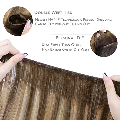 WENNALIFE Sew in Hair Extensions Real Human Hair, 24 Inch 120g Balayage Chocolate Brown to Caramel Blonde Machine Weft Hair Extensions Remy Hair Hand Tied Weft