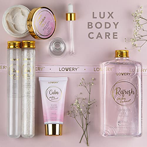 Luxury Bath Gift Set - Home Spa Gift Basket with Milky Coconut Scent, Vitamin E & Shea Butter with Shower Gel, Bath Salt & Crystals, Body Scrub, Hand Cream, Body Oil, Bath Pillow, Wooden Crate & More