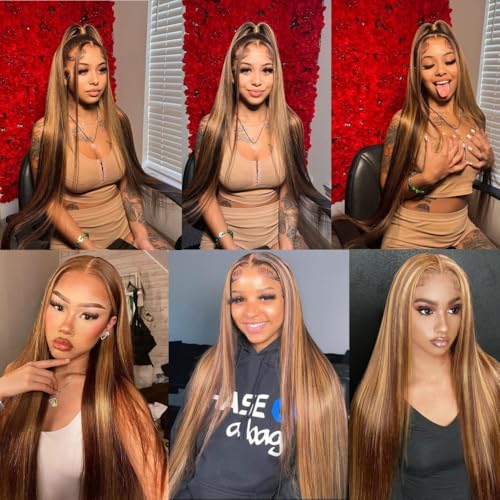 28inch Highlight Ombre Lace Front Wig Human Hair 13x6 HD Transparent 4/27 Honey Blonde Lace Frontal Wigs Pre Plucked with Baby Hair Straight Lace Front wigs Human Hair Colored 180% Density