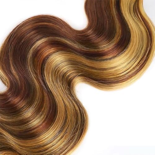 P33/27 Highlight Blonde Bundles Human Hair Body Wave Bundles 14 16 18 Inch 3 Bundle Unprocessed Brazilian Virgin Hair Reddish Brown Body Wave Human Hair Extensions 50 Gram Per Bundle