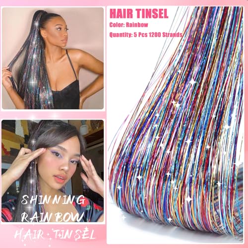 Hair Tinsel Kit with Tools 48 Inch 1200 Strands Colorful Tinsel Hair Extensions Fairy Hair Tinsel Kit Heat Resistant Sparkling Glitter Tensile Hair Accessories for Girls Women Kids