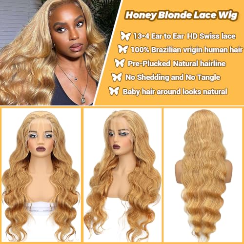 SOSATISFY 30 Inch Honey Blonde Lace Front Wig Human Hair 200% Density 13x4 Body Wave Wig Blonde Hd Lace Front Wig Pre Plucked With Baby Hair 27# Colored Wigs for Women