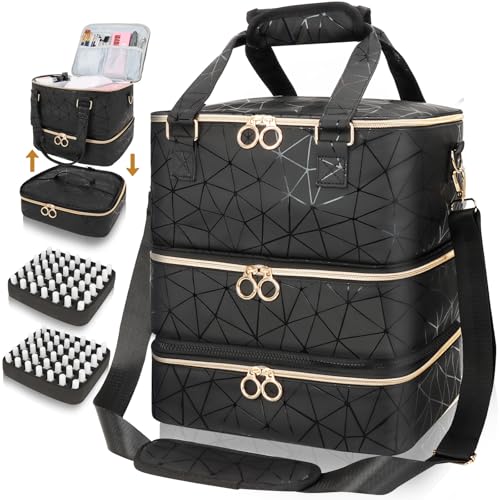 Nail Polish Organizer Bag Holds 84 Bottles & Nail Lamp, 3 Layers Nail Kit Storage Carrying Case Pu Leather, Large Nail Supplies Organizer With Shoulder Strap, Portable Travel Nail Bag For Nail Tech