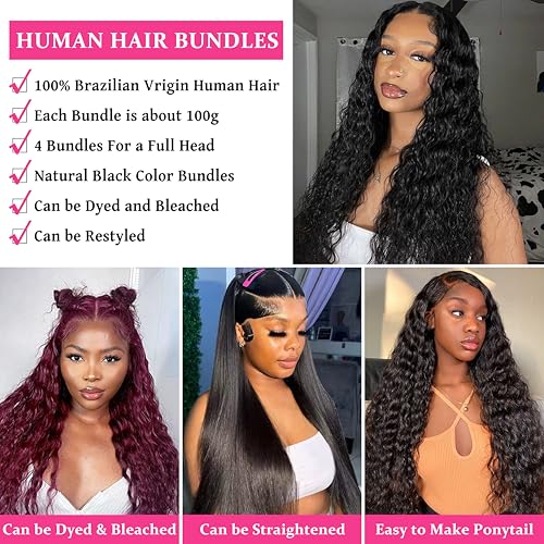 Deep Wave Bundles Human Hair 20 22 24 26 Inch Water Wave Human Hair Bundles Natural Curly Hair Bundle Double Weft Wet and Wavy Quick Weave Hair Extensions for Women