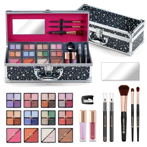 Color Nymph Makeup Kit for Teen Girls, All-in-One Beginner Makeup Set with Eyeshadow, Blush, Highlighter, Bronzer, Contour, Lipsticks, Eyeliner, Brushes & Mirror in Train Case (Starry Black)