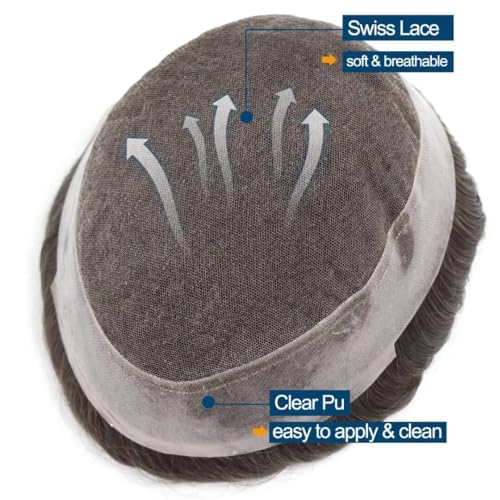 Mens Toupee Human Hair System for Men Protesis Capilar Hombre Pelo Humano Swiss Lace Mens Hair Piece Poly PU Skin Hair Unit Replacement for Men #5 Cool Toned Brown 8x10 Inch