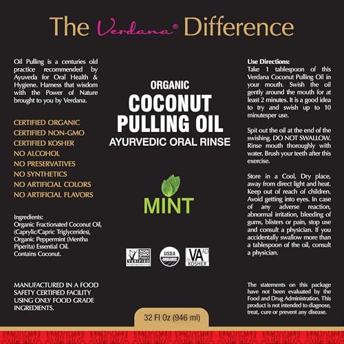 Verdana Organic Oil Pulling for Teeth & Gums ? 32 oz Mint ? USDA Organic Coconut Pulling Oil Rinse ? Alcohol-Free, Fluoride-Free ? Natural Mouthwash for Fresh Breath, Gum Health & Oral Detox