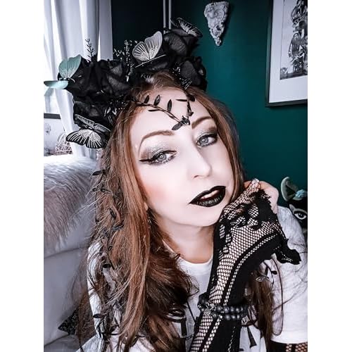 MOSTORY Black Flower Crown Headband - Gothic Floral Headpiece with Butterfly Dark Fairy Crown for Women Witch Aesthetic Renfaire Renaissance Party Cosplay