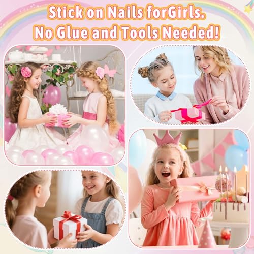144 Pcs Kids Fake Nails Set, Thrilez 6 Pack Press on Nail Pre-glue Artificial False Acrylic Nails Set for Little Girl Children Toddlers