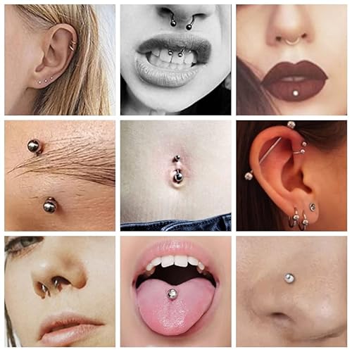 120PCS Body Piercing Kit Surgical Steel 14G 16G 20G BCR CBR Labret Lip Rings Cartilage Daith Earrings Nose Septum Nose Studs Belly Button Rings Piercing Jewelry Needles Gloves Clamps Tools