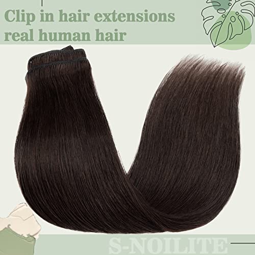 S-noilite Human Hair Extensions for Women - Standard Weft Clip in Brown Hair Full Head 8 Pieces 18 Clip 100% Real Human Hair 24"-120g Dark Brown (#2)