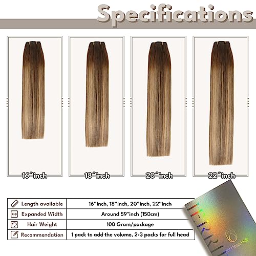Sew in Hair Extensions Real Human hair, Double Drawn Weft Hair Extensions human hair, Silky Soft &Shiny Human hair extensions sew in, 100g Balayage Chocolate Brown to Caramel Blonde, 22 inch