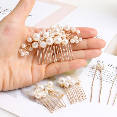 Wedding Pearl Hair Combs Set of 5 Pieces - Prom Hair Pins Accessories for Bridal Women (Gold)