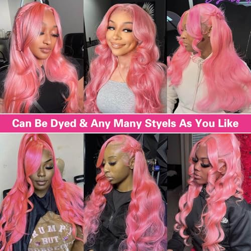 Pink Lace Front Wig - Human Hair, 13x4, 200 Density HD, Transparent Body Wave, 26 Inch