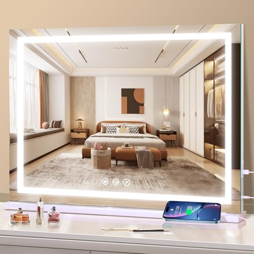 Vanity Mirror with Lights, 31.5" x 23.6" Large Makeup Mirror with LED Lights, Smart Touch Dimmable 3-Color Light, Memory Function, USB Charging Port