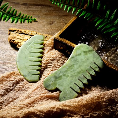 BBTO 2 Pcs Jade Comb for Scalp Massage Gua sha Comb for Head Body spa Hair Multifunctional Handheld Massage Tools(Round, Classic Style)