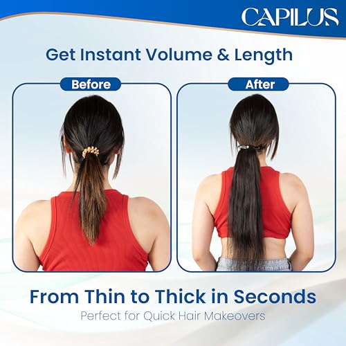 Capilus Flat Clip-In Ponytail Hair Extensions Natural Human Hair Changeable Clip Instant Volume & Length Original Human Hair Ponytail Extension for Women (Black, 14 Inch)