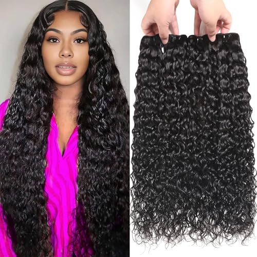 4 Water Wave Human Hair Bundles 18 20 22 24 Inch Wet and Wavy Bundles 10A Brazilian Quick Weave Human Hair 100% Unprocessed Virgin Hair Natural Black