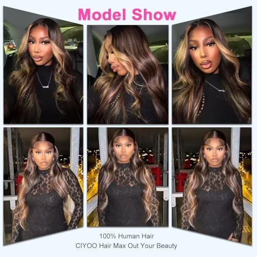 Ash Blonde Highlight Wig Human Hair 13x6 Body Wave Lace Front Wigs Human Hair Pre Plucked 180% Density Highlight Ombre Colored Wigs Glueless Hd Transparent Lace Frontal Wig for Women 26 Inch