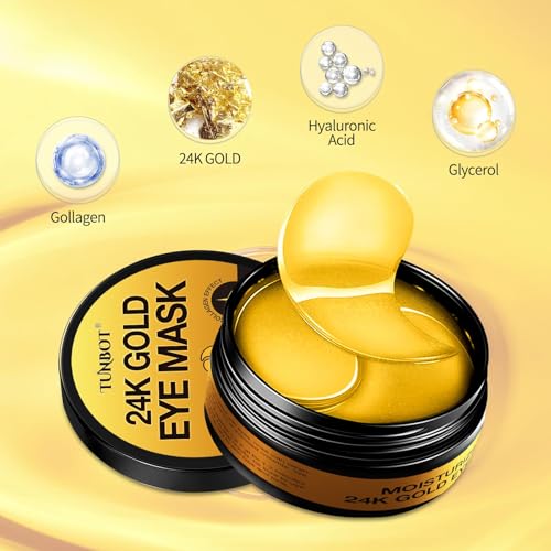 Tunbot Eye Mask - 60 Pieces - 24k Gold Eye Mask - Anti-Aging - Contains Collagen & Hyaluronic Acid - Removes Dark Circles, Puffiness & Wrinkles, Moisturizes - Home Skin Care