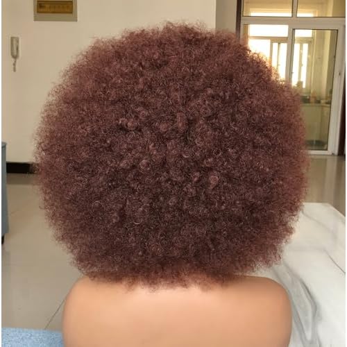 Short Afro Wig with Bangs for Black Women Afro Kinky Curly Wig 70s Premium Synthetic Big Afro Wigs(Red Brown)