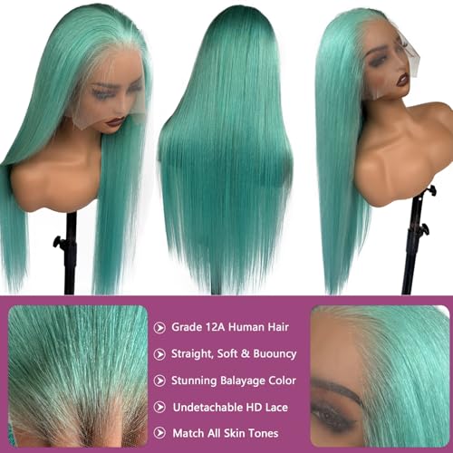 Turquoise Lace Front Wigs Human Hair 26 Inch Glueless Transparent 13x6 Lace Front Wigs Human Hair Pre Plucked Colored Aqua Blue Wig Human Hair 180% Density Teal Lace Frontal Wigs for Black Women