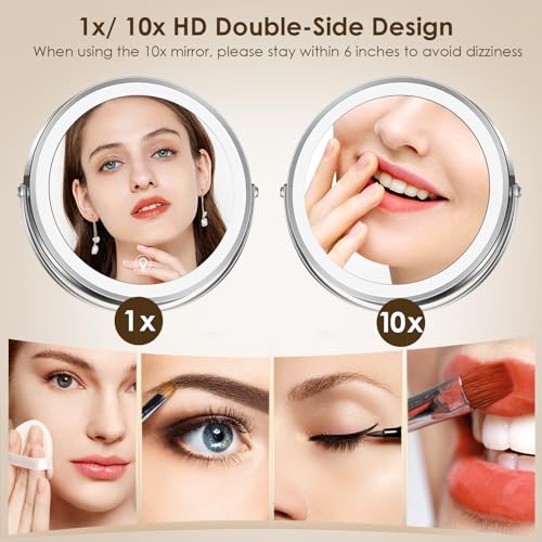 Wall Mounted Lighted Makeup Mirror, 8" Rechargeable Double-Sided Light up Magnifying Mirror 1x/10x, 3 Colors Led Vanity Mirror with Lights, Touch Dimmable 360¡Æ Rotation Foldable