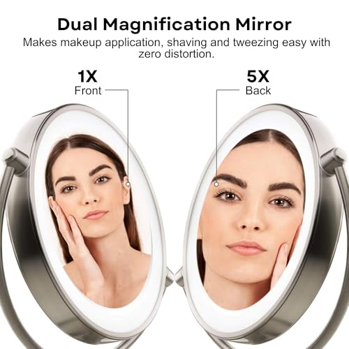 OVENTE 9" Lighted Tabletop Makeup Mirror with 1X/5X Magnification, Double-Sided Magnifying Vanity Mirror with Dimmable LED Lights, 360¡Æ Swivel Design and Dual Power Supply, Nickel Brushed MGT95BR1X5X