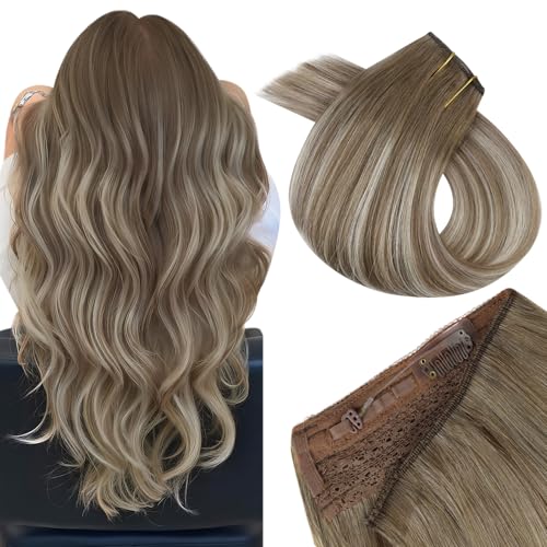 Easyouth Wire Hair Extensions Balayage Hair Extensions Invisible Wire Human Hair Medium Brown Fading to Platinum Blonde Mix Brown Fish Line Hair Extension Human Hair Ombre for Long Hair 20 Inch 100g