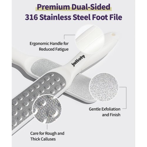 Julioly Foot Callus Remover Home Care Set – Professional Stainless Foot File & Scrubber, Exfoliating Serum for Smooth Skin, Effective on Wet and Dry Feet