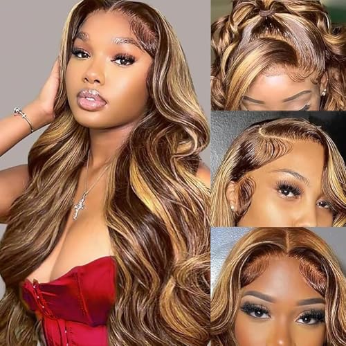 Sheeep Honey Blonde Ombre Lace Front Wigs Human Hair 4/27 Highlight 13x6 Body Wave Lace Frontal Wigs 200 Density HD Glueless Wigs Human Hair for Women 28 Inch