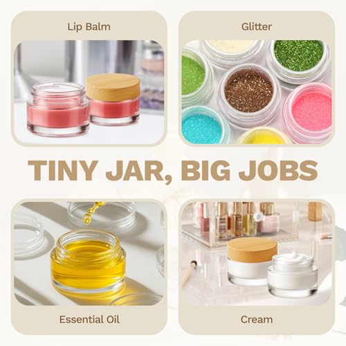 Bumobum 48 Pcs 5 Grams Glass Cosmetic Jars with Plastic Wood-Grain Lids, 5 ml Lip Balm Containers Empty Tiny Sample Jars for Lip Scrub Makeup Eye Cream Travel