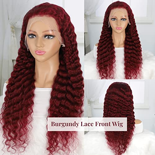 Burgundy Deep Wave Lace Front Wigs Human Hair 99J 13x4 Hd Lace Frontal Wigs Human Hair for Black Women Wine Red Colored (99j Deep 13x4 lace frontal wigs, 30 Inch)