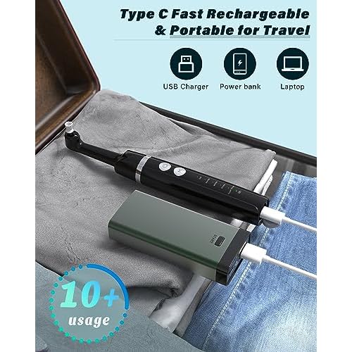 Tooth Polisher, Rechargeable Tooth Whitening Kit for Teeth Cleaning and Whitening, with 3 Tooth Polish Paste and 5 Brush Heads, LED Light, Easy to Use at-Home Personal Dental Care Kit (Black)