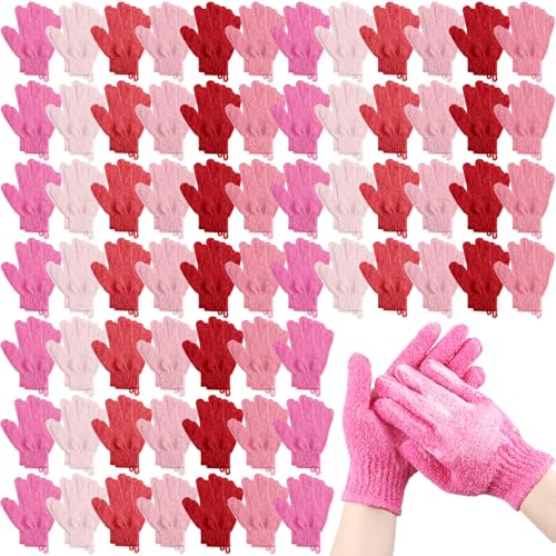 Cuffbow 90 Pcs 45 Pairs Exfoliating Double Sided Bath Gloves with Hanging Loop Colorful Body Shower Gloves for Men Women Beauty Spa Massage Shower Clean Skin Bathing Scrubber Accessories(Pink)