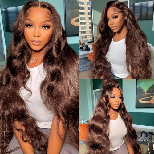 13x6 Chocolate Brown 32 Inch Lace Front Wig Hd Transparent Body Wave Lace Front Wigs Human Hair 200% Density Brown Wig Human Hair 4# Colored Glueless Wigs for Women