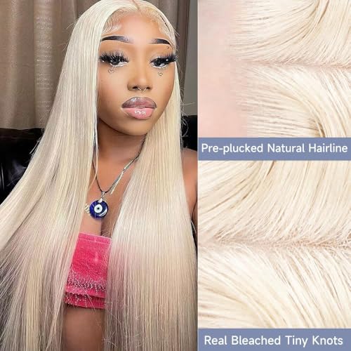 Platinum Blonde Wig Human Hair Pre Plucked HD Transparent Long Straight Wigs Silver Ash White 613 Blonde Lace front Wig For Women T Part Remy Vietnamese Hair 22 Inch 180%