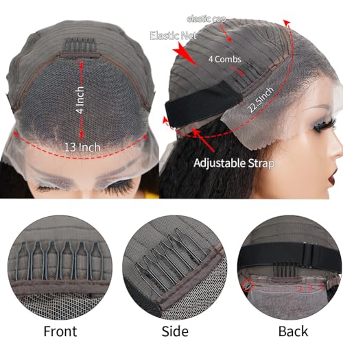 Kinky Straight Wig 24 Inch 180% Density Yaki Straight Human Hair Wig With Pre-Plucked Hairline & Adjustable Straps,Natural Black 13x4 Lace Front Wigs Human Hair For Black Women
