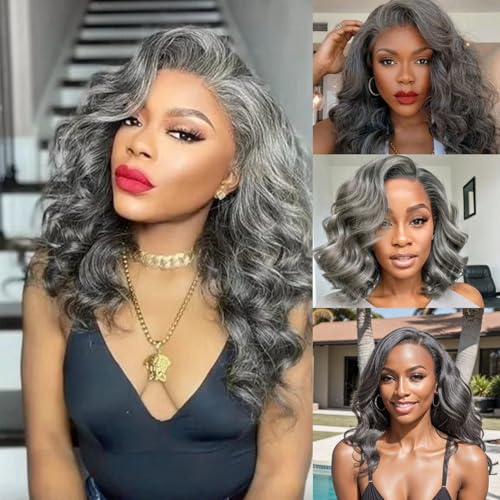 KRN Salt and Pepper Human Hair Bundles 12 14 16 Inch 100% Unprocessed Gray Virgin Human Hair Bundles Body Wave for Black Women Grey Hair Weave Extensions