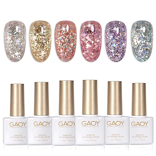 GAOY Glitter Gel Nail Polish Set, 6 Colors Including Pink White Gold Purple for Nail Art DIY Manicure and Pedicure at Home