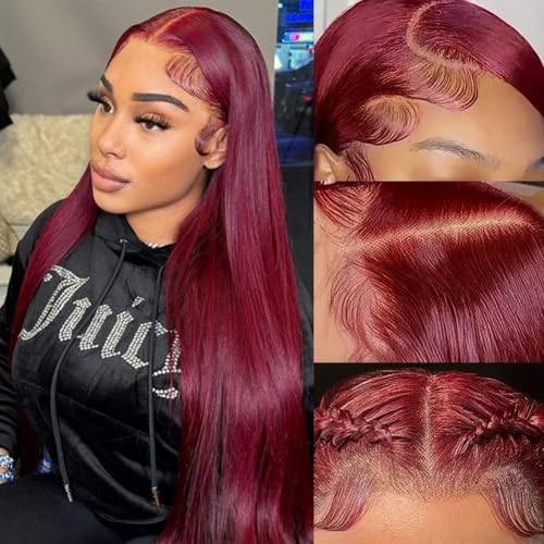 NICY Cherry Red Burgundy 99J Colored 13x4 Lace Frontal Wig Malaysian Straight Transparent Lace Front Human Hair Wigs Pre-Plucked(20inch, 13X4)