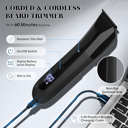 Beard Trimmer for Men Groin & Body Hair Trimmer, Nose & Ear Clipper Head Razors for Bald Men, 5 in 1 Waterproof Manscape Kit with Travel Case, LED Display, Grooming Kit Gift for Him