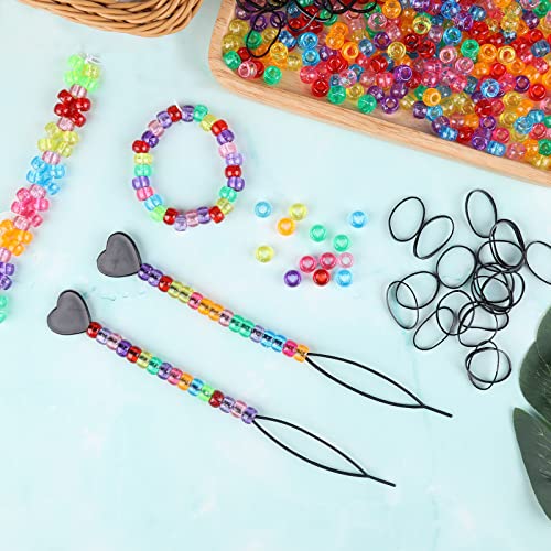 1605pcs Hair Braid Kit Including 600pcs 9x6mm Glitter Pony Beads, 1000pcs Elastic Rubber Bands, and 5pcs Quick Beaders