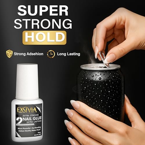 Super Strong Nail Glue for Press On Nails, Acrylic Nails & Nail Tips (10ml) Exsivia 2nd Gen NailBond for Fake Nails, Extra Strength,Long Lasting, Brush on Adhesive, No Dehydrator or Primer Needed