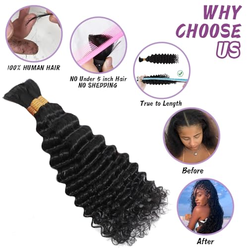 Human Braiding Hair For Boho Braids Deep Water Wave Bulk Human Hair for Braiding 12A Wet and Wavy Curly 100% Human Hair Extensions 3 Bundles 110g Natural Color 20inch