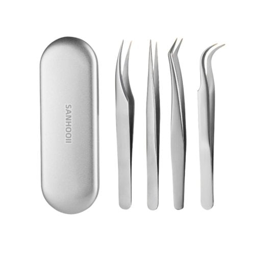 SANHOOII 4in1 Precision Stainless Steel Tweezers For Eyelash Extensions, Hair Eyebrow Remove, Blackhead removal