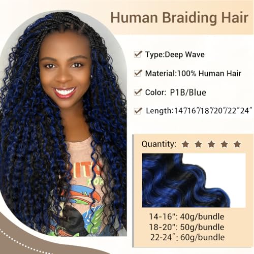 Human Braiding Hair for Boho Knotless Braids 3 Bundles 22 Inches 180g Deep Wave 10A Brazilian Virgin Human Bohemian Hair for Braiding 1bPblue