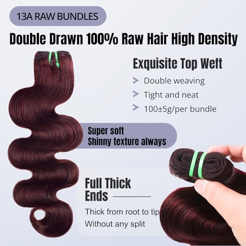 13A Double Drawn 99J Dark Burgundy 3 Bundles Body Wave Human Hair, Double Lifespan Than Regular Hair, Keep Silky And Soft After Washes Colored #99J Wine Cheery Red Bundles Raw Hair 10 12 14 IN