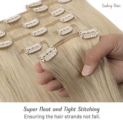 Clip in Hair Extensions Real Human Hair, 22 inch Ash Blonde to Golden Blonde and Platinum Blonde Lashey 120g 7pcs